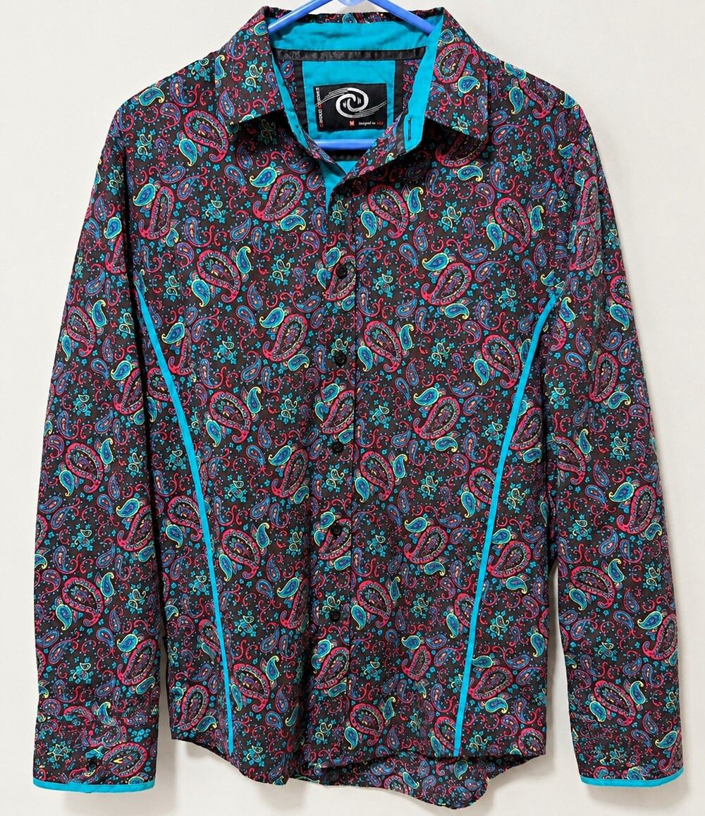 Caviar Dreams Men’s M Black Teal Pink Paisley Cotton Button-Up Shirt Long Sleeve